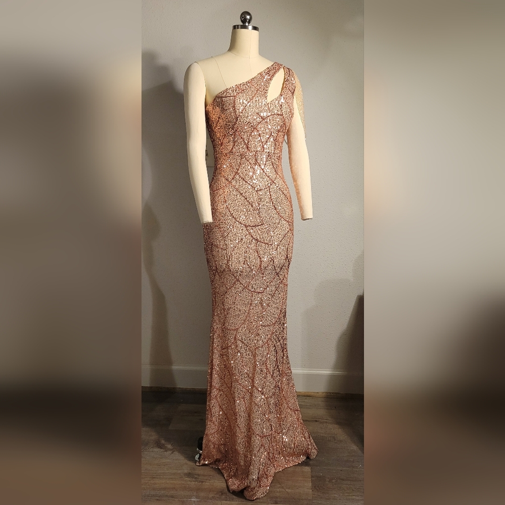 Gold Sequin Asymmetrical Maxi Dress